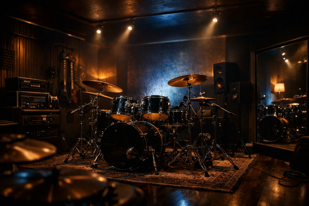 照明が映えるプライベートスタジオのドラムセット