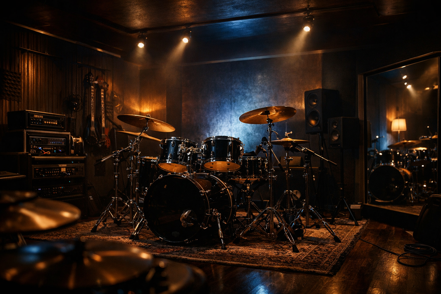 照明が映えるプライベートスタジオのドラムセット