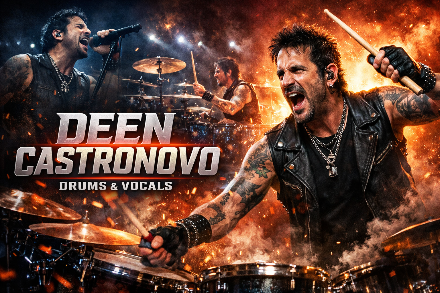 ステージでドラムを叩きながら熱唱する男性