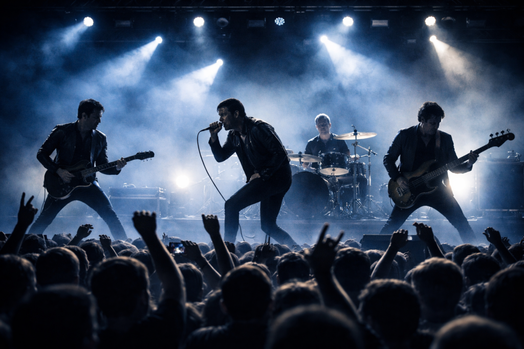 観客の熱気と青い照明が映えるUKロックバンド風ステージイメージ