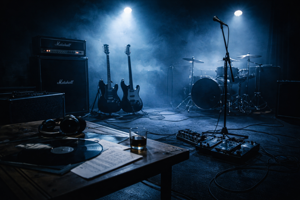 青と黒の照明の中にギターやアンプが並ぶ、カサビアン(バンド)をイメージしたビジュアル
