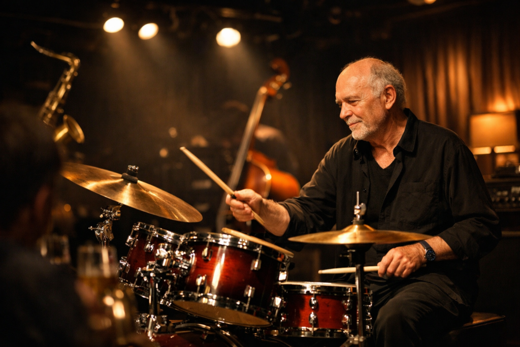 薄暗いジャズクラブで演奏するベテランドラマー