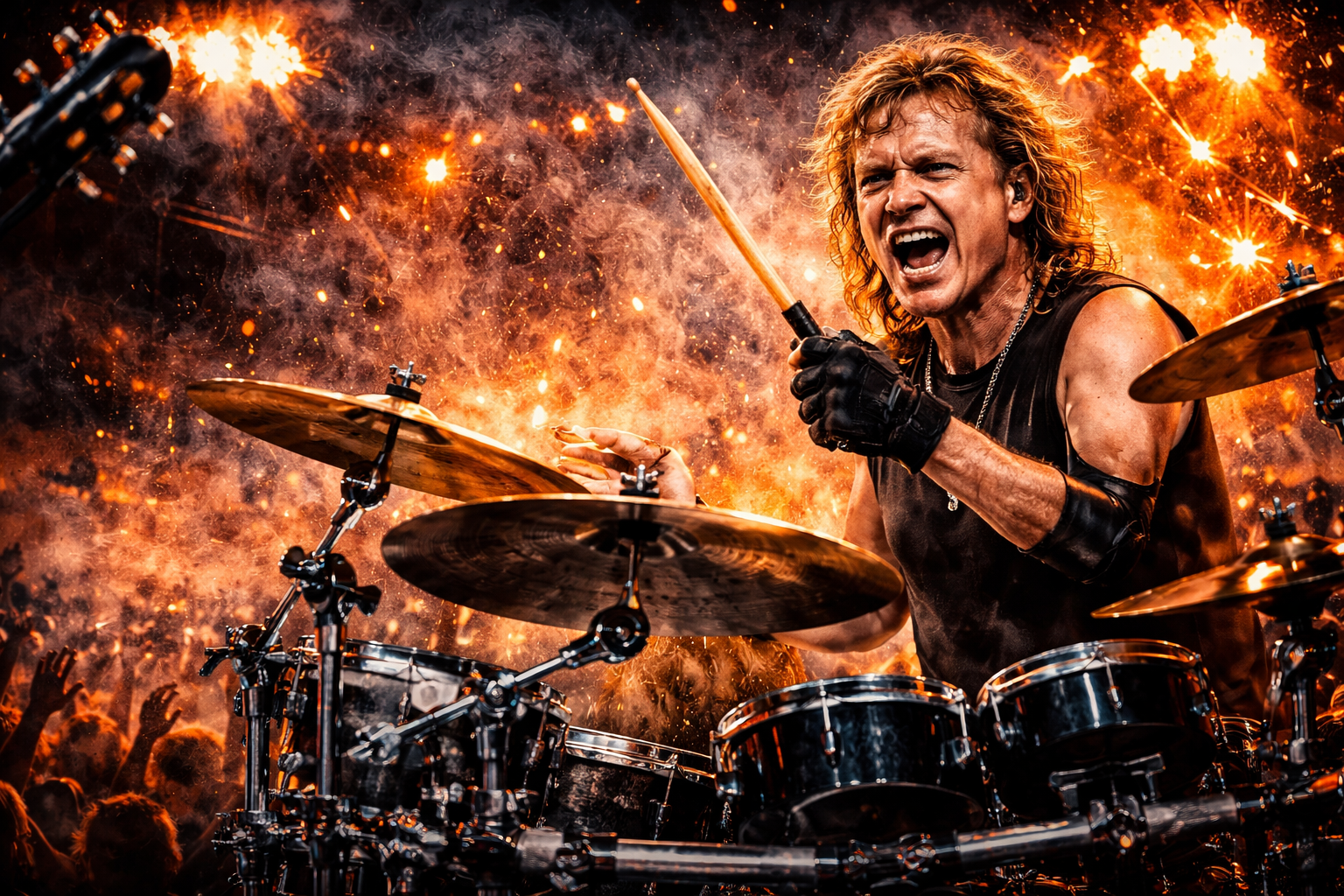 炎の演出の中でドラムを叩くリック・アレン