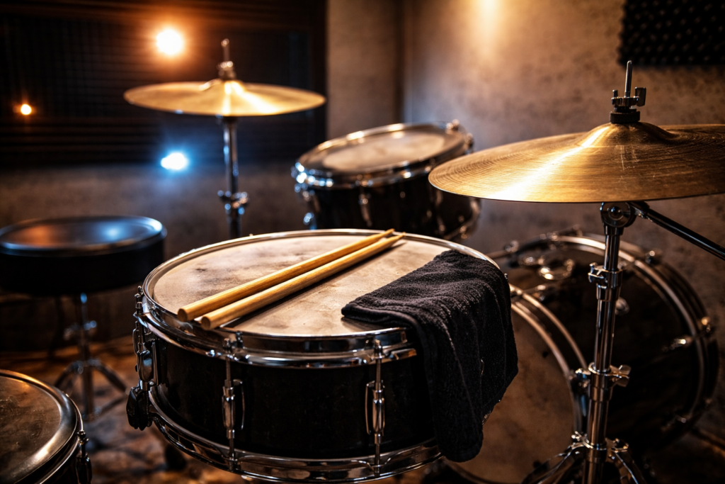 照明に映えるドラムセットとスネアの接写
