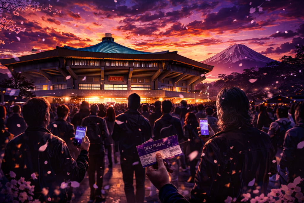 夕景の日本武道館へ集まるライブ前の観客たち
