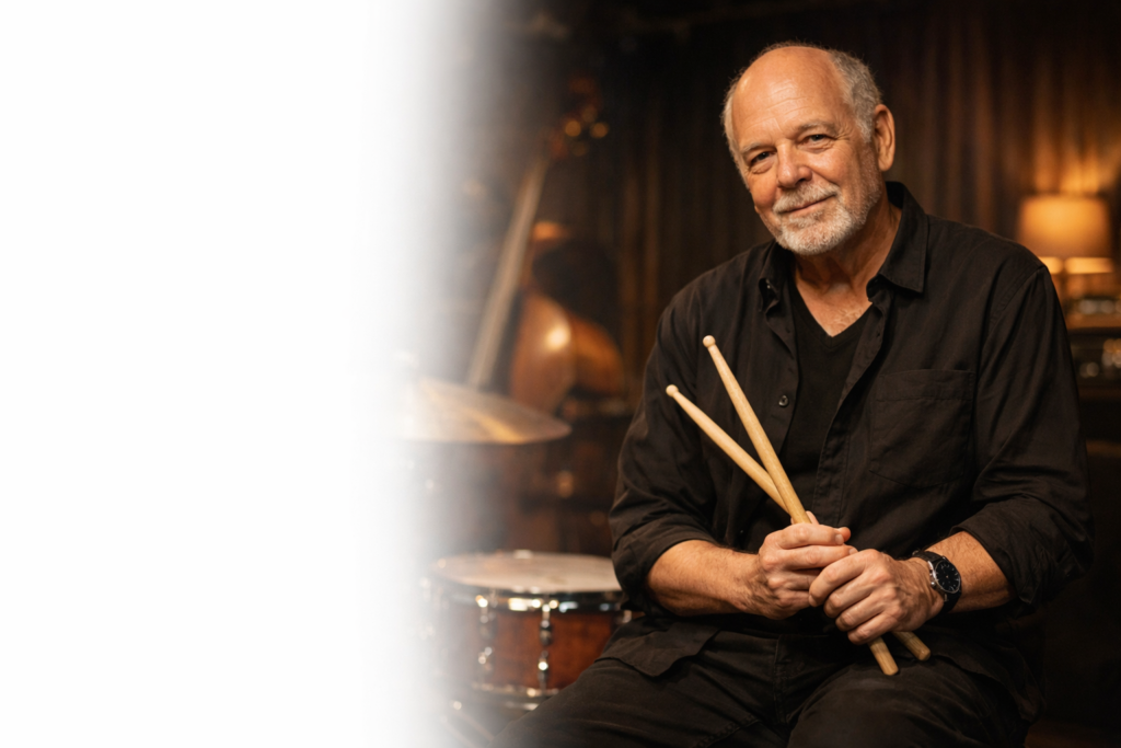 ジャズクラブでスティックを持つベテランドラマー
