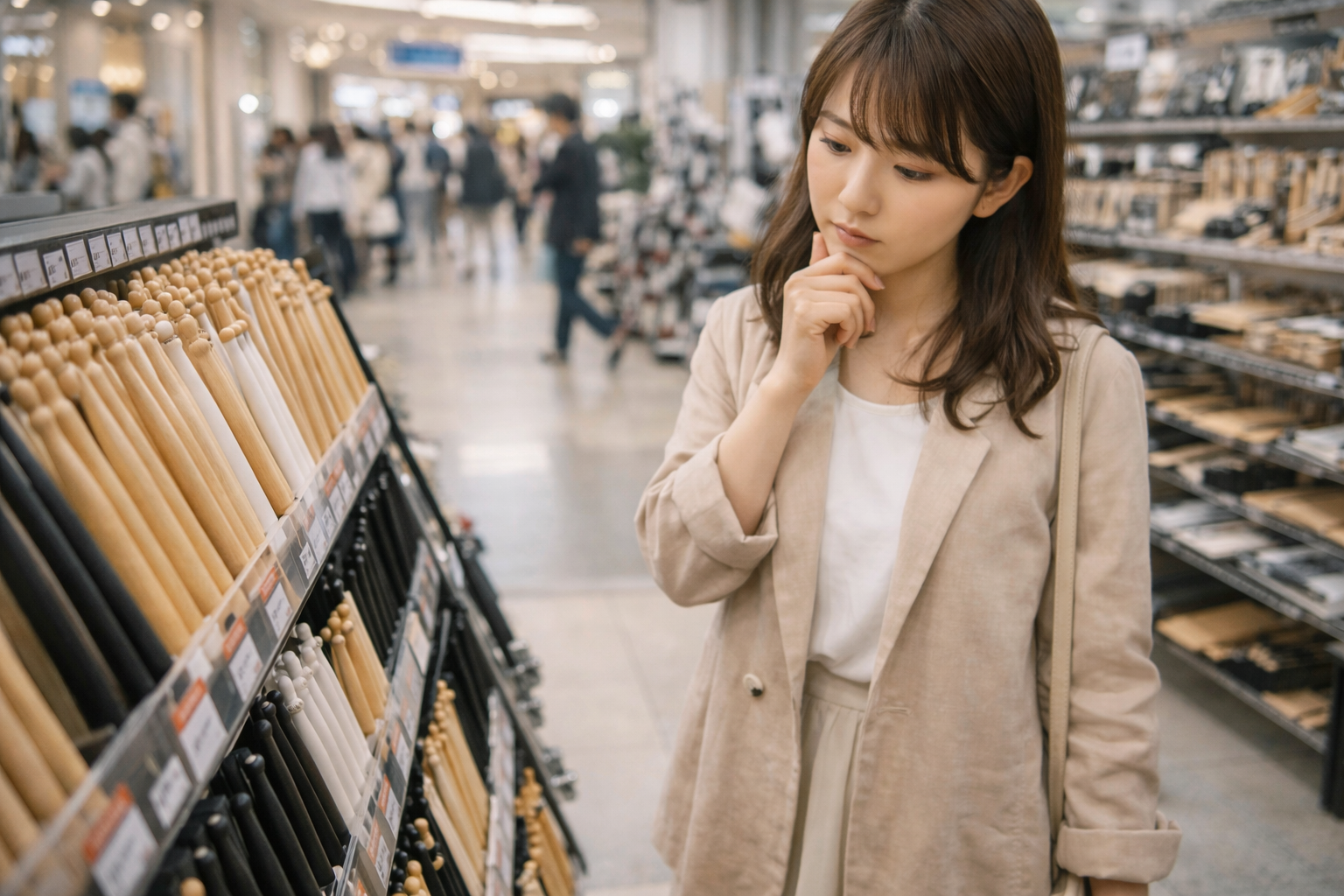 楽器店のスティック売り場で商品を見比べる女性