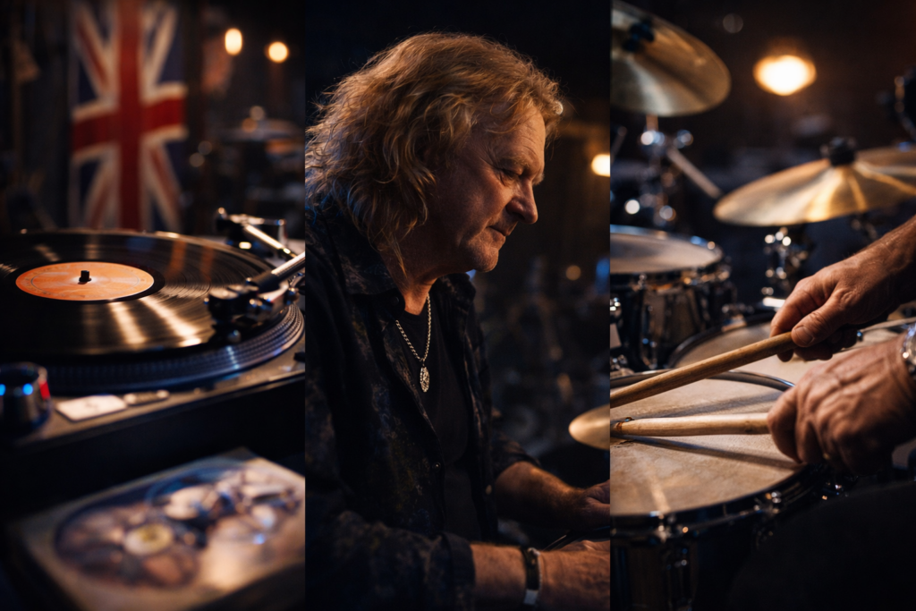 レコードとドラムに囲まれた長髪の男性ドラマー
