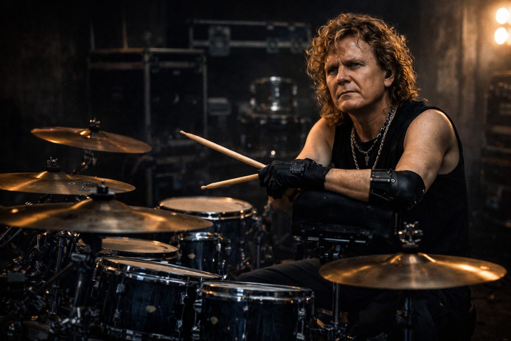 ドラムセットの前でスティックを持ち座る男性