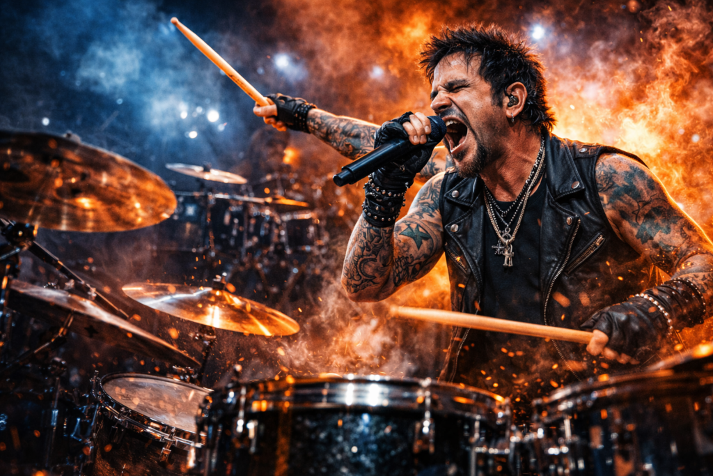 ドラムを叩きながら熱唱するロックドラマー
