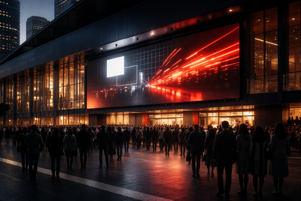 夕暮れのライブ会場前に人が並び、赤い大型ビジョンが光る外観風景
