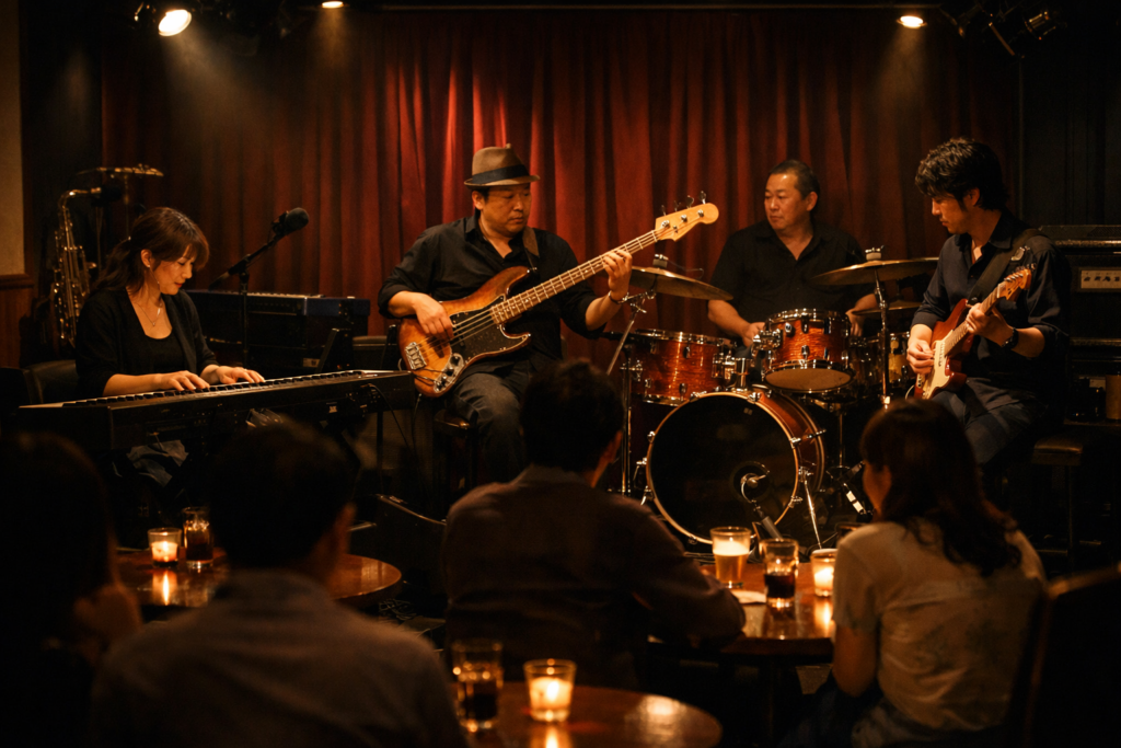 日本のライブレストランでレギュラーバンドが演奏する小規模ステージの様子