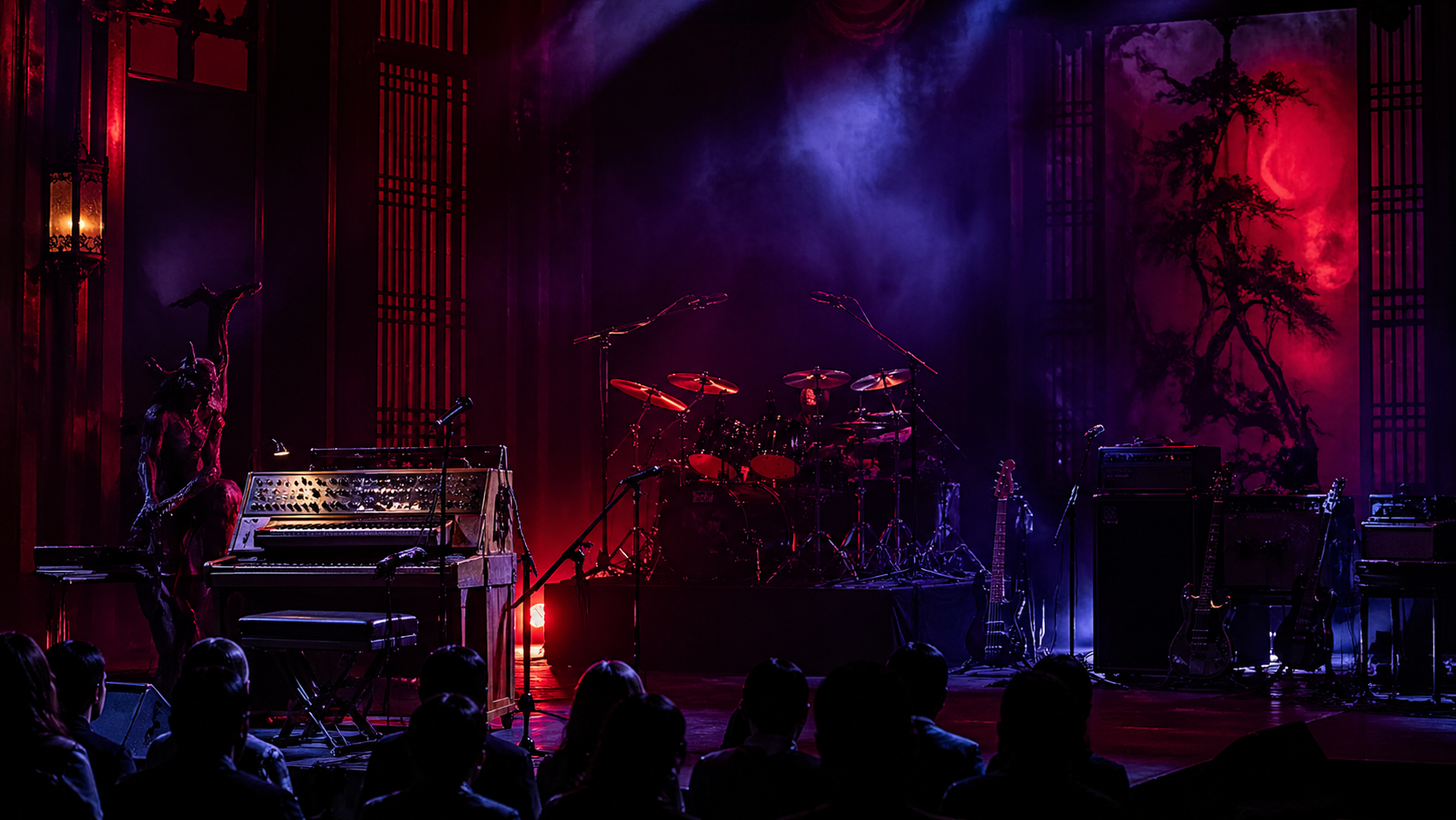 ゴブリン来日2026の公演情報と見どころを表現した赤と紫の照明が印象的なプログレッシブロックのライブステージ