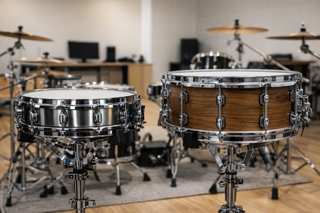 ピッコロスネアと通常スネアを並べて深さの違いを比較したスタジオ撮影画像