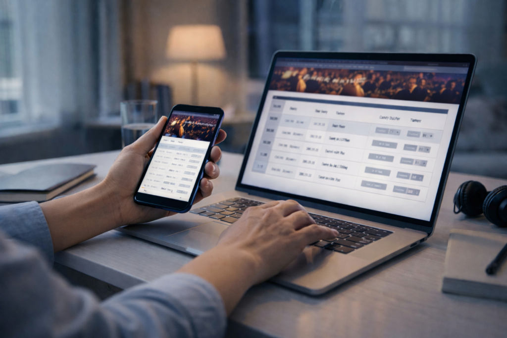 キャンディ・ダルファー来日公演の最新情報をスマホとパソコンで確認する女性の手元