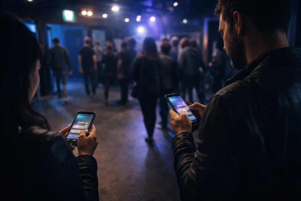 ポールギルバート来日公演の情報をスマートフォンで確認するファン