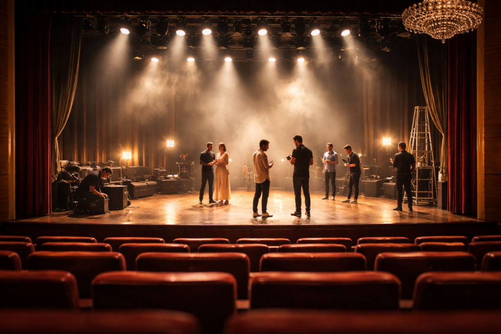 客席後方から見た舞台で、出演者とスタッフが照明確認を行う風景