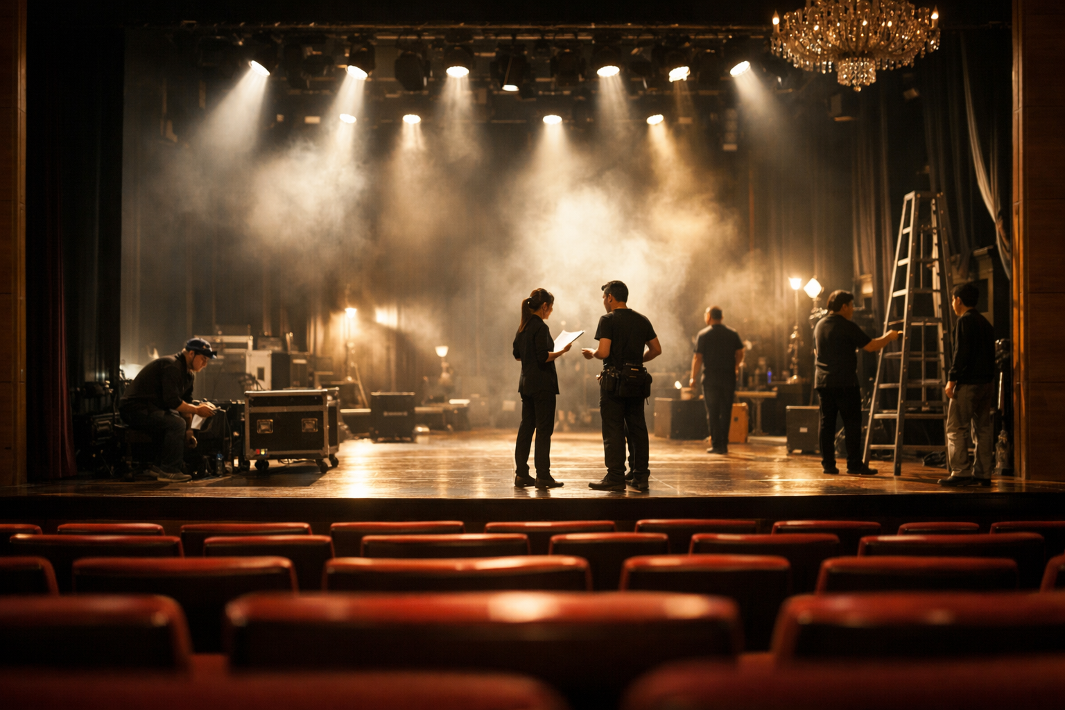 本番直前の劇場でスタッフが最終確認を行う舞台風景