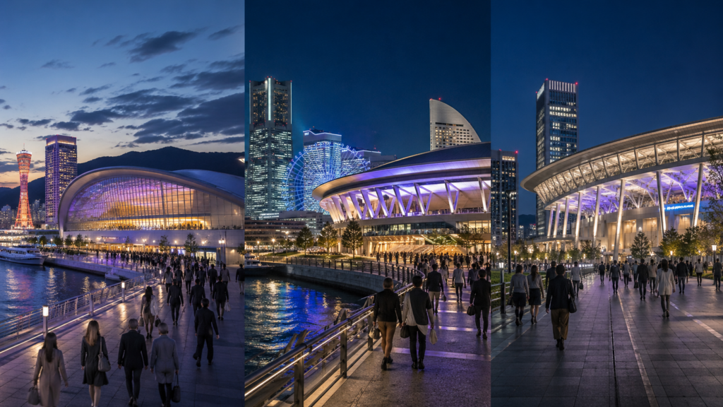 神戸・横浜・名古屋をイメージした大型アリーナと、夜の会場へ向かう来場者の風景