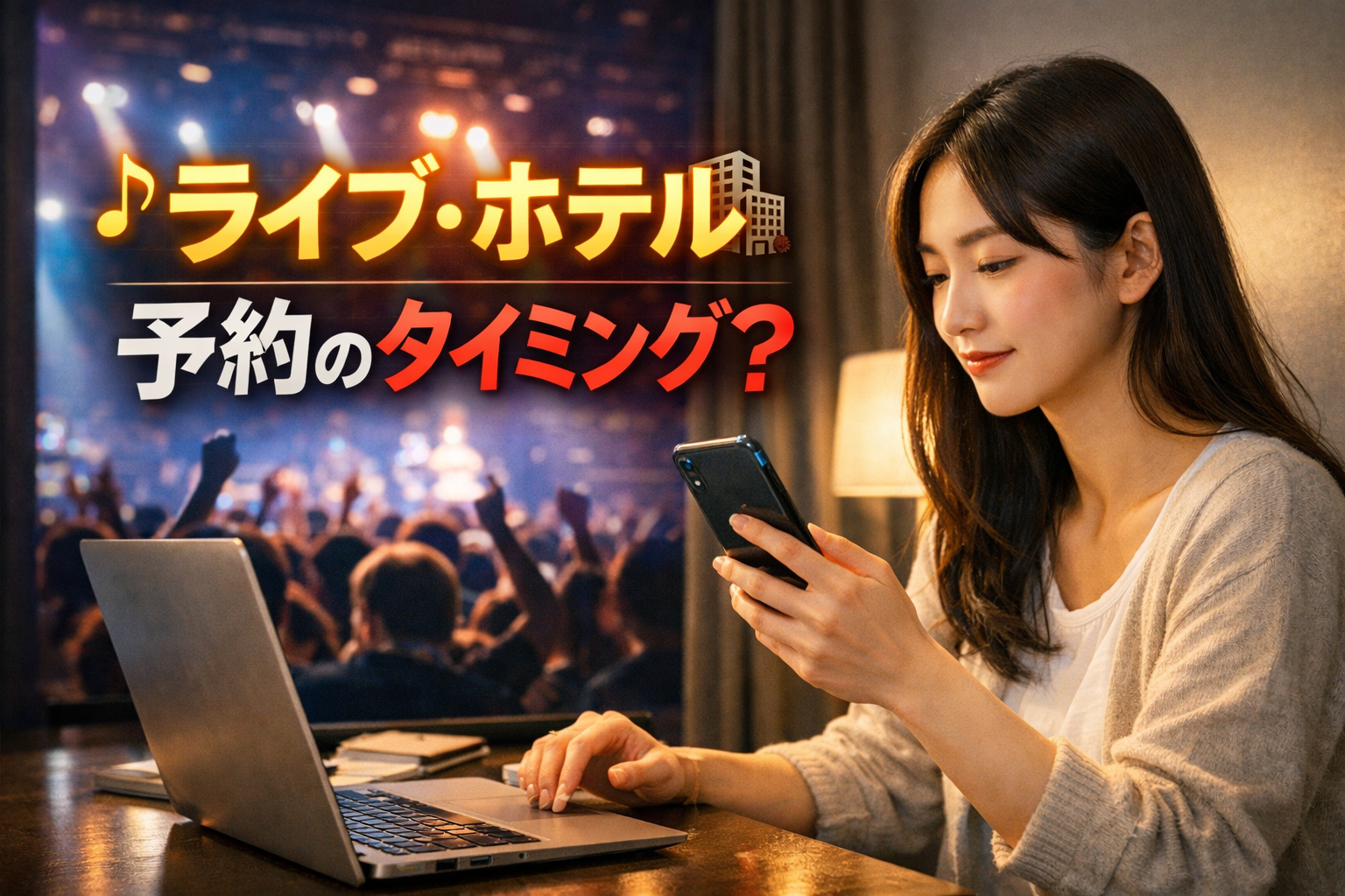 ライブ遠征前にスマホでホテル予約を確認する女性のアイキャッチ画像