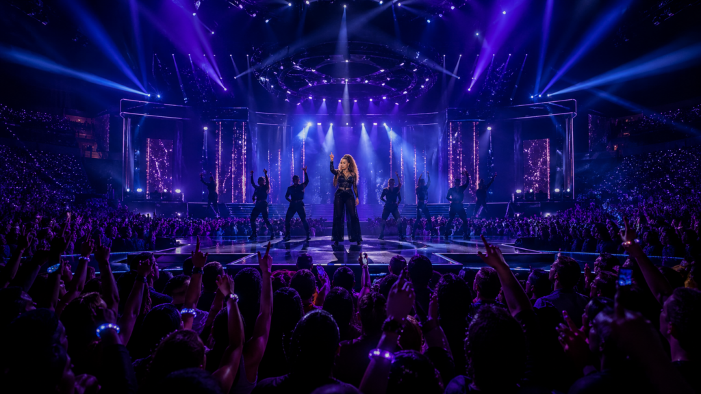 ジャネット・ジャクソン来日2026をイメージした、青と紫の照明が映えるアリーナライブ