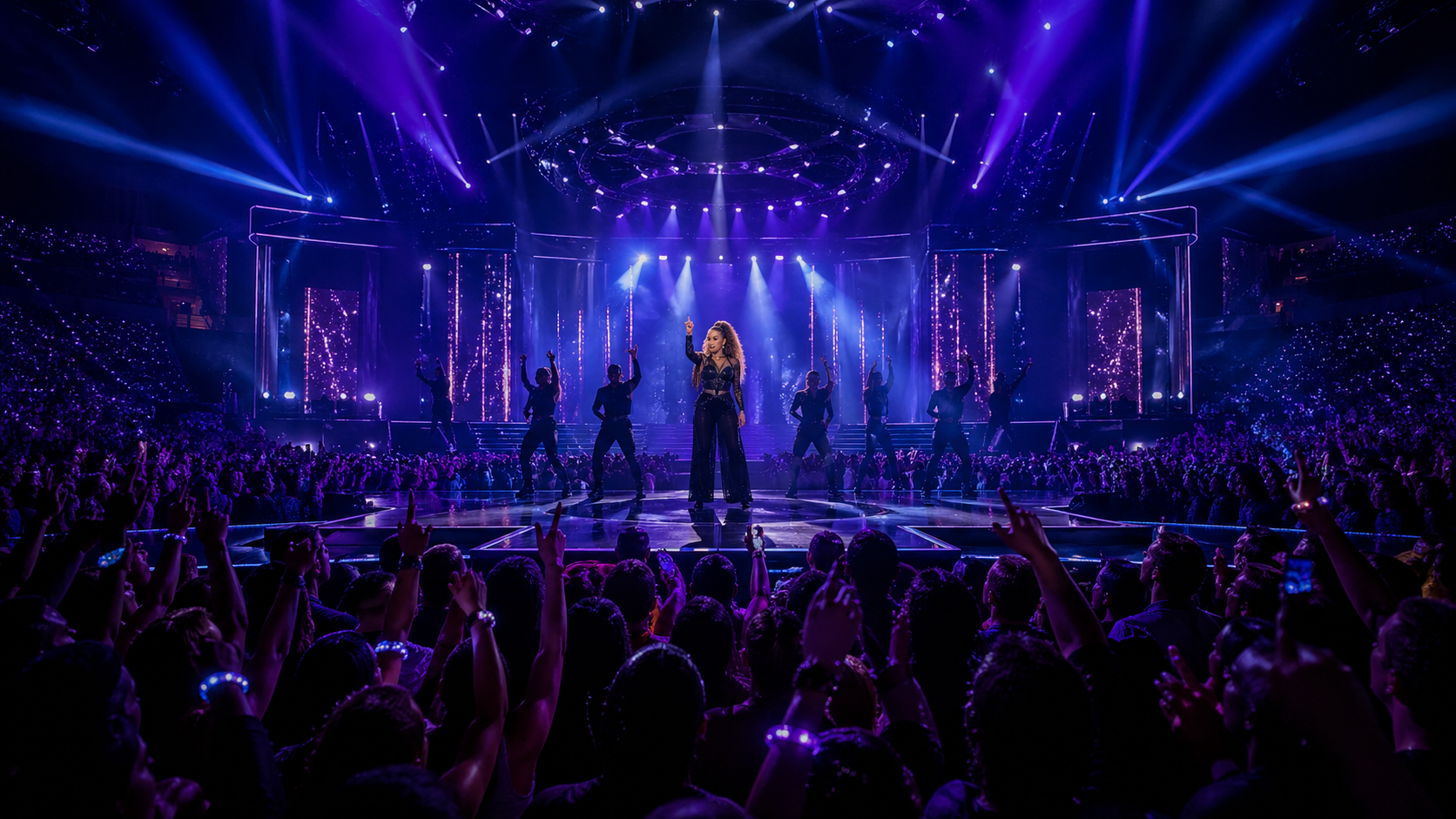 ジャネット・ジャクソン来日2026をイメージした、青と紫の照明が映えるアリーナライブ