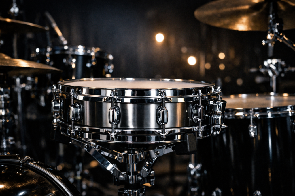 スネア ピッコロを主役にしたドラムセットのアイキャッチ画像。暗いライブステージ背景の中で、浅胴のメタル製ピッコロスネアが中央で印象的に輝いている