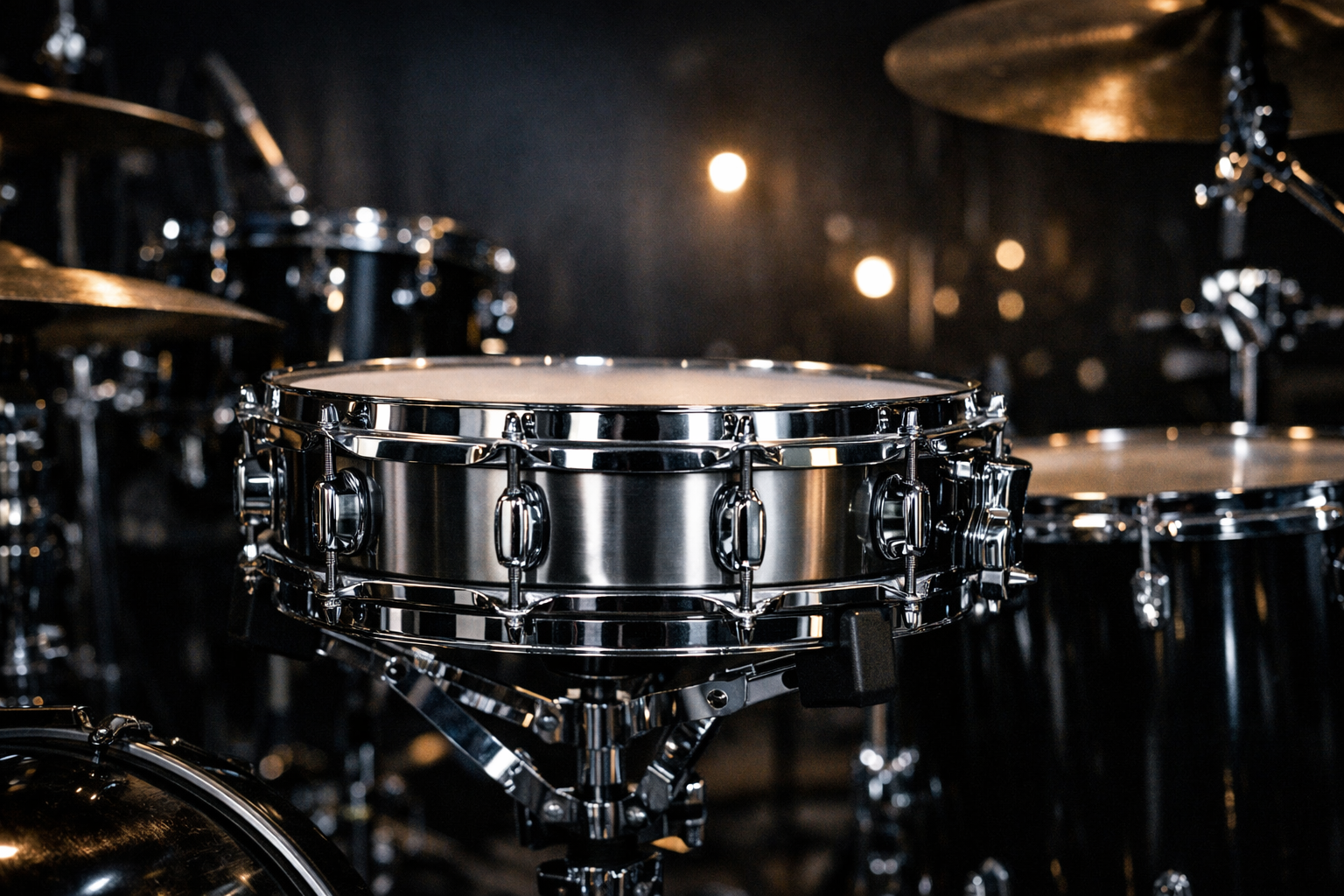 スネア ピッコロを主役にしたドラムセットのアイキャッチ画像。暗いライブステージ背景の中で、浅胴のメタル製ピッコロスネアが中央で印象的に輝いている