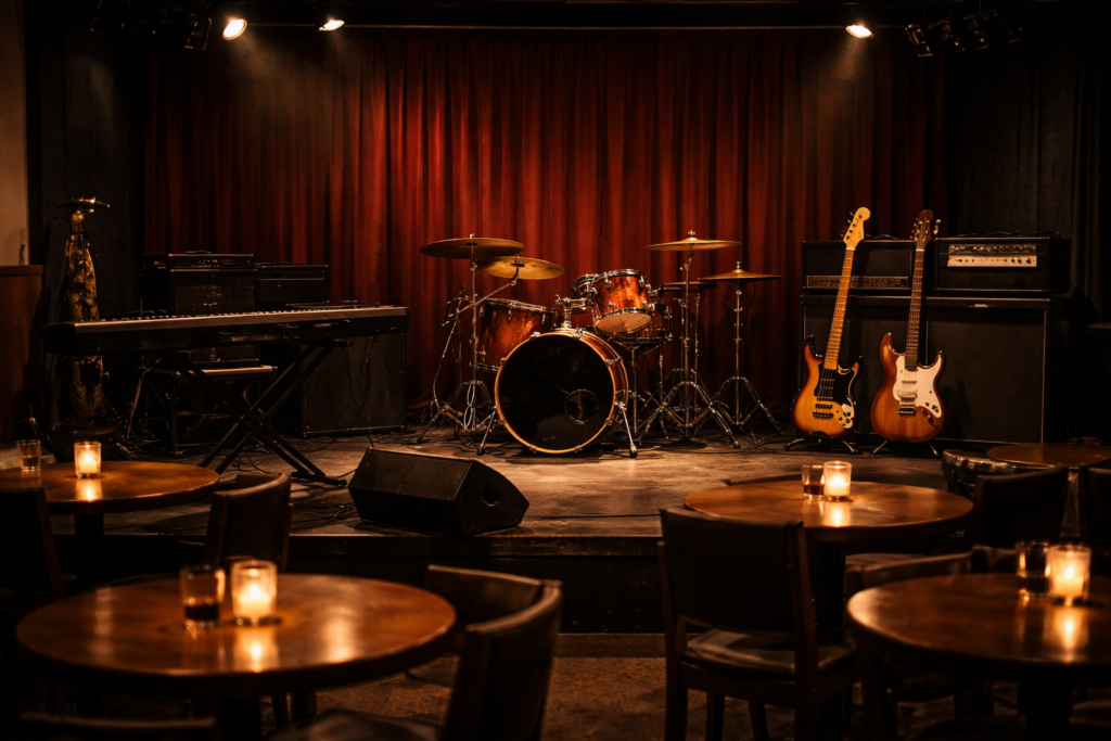 日本の小規模ライブハウスの開演前のステージ。ドラムセット、キーボード、ベース、ギターが並び、客席にはテーブルと椅子が配置されている
