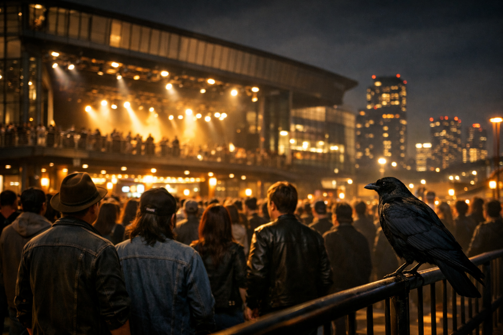 ブラッククロウズ来日2026をイメージした、東京の夜のライブ会場前に集まる観客と黒いカラス