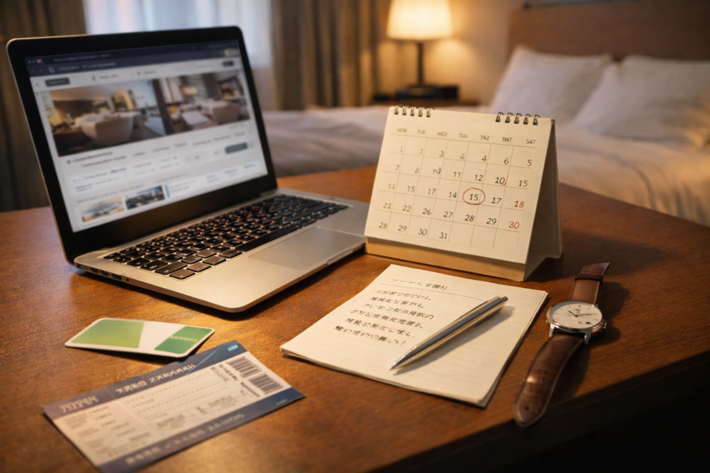 ホテル客室のデスクでノートPCとカレンダーを使い、ライブ遠征の宿泊計画を立てるイメージ