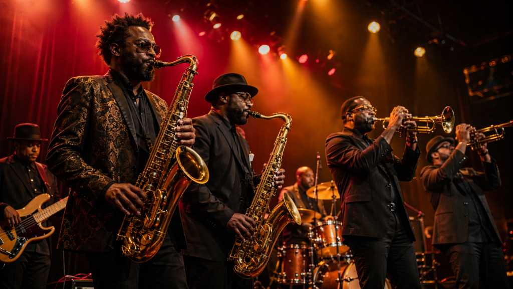 サックスとトランペットが並ぶ、ファンクバンドの熱気あるライブシーン