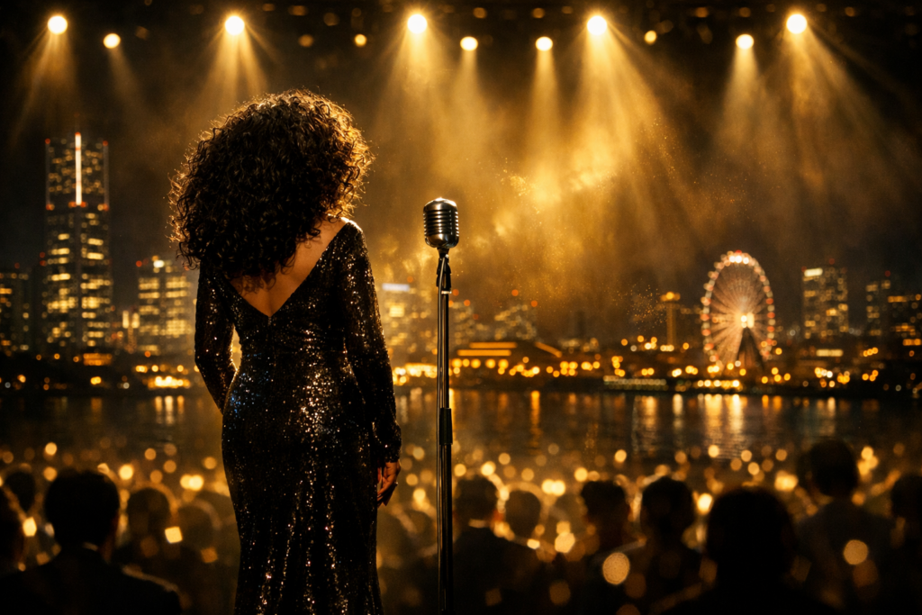 ゴールドの照明が輝くコンサート会場のステージ