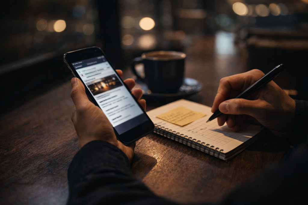 来日公演の最新情報をスマートフォンで確認しながらメモを取る手元
