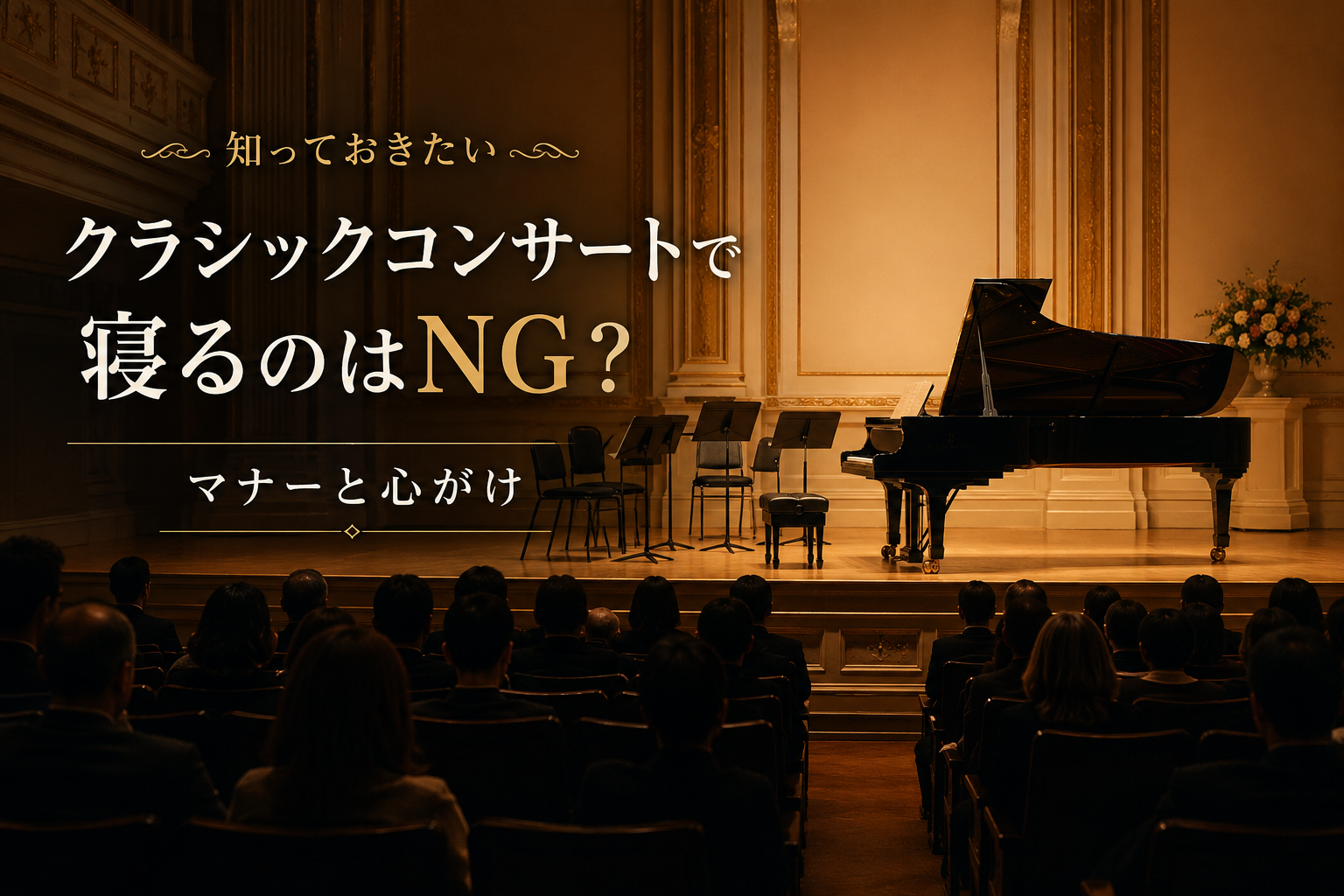 クラシックコンサートの客席とステージを落ち着いた雰囲気で表現したアイキャッチ画像