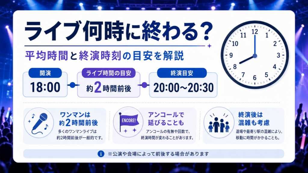 ライブ何時に終わるかを時計とチケットで確認するイメージ