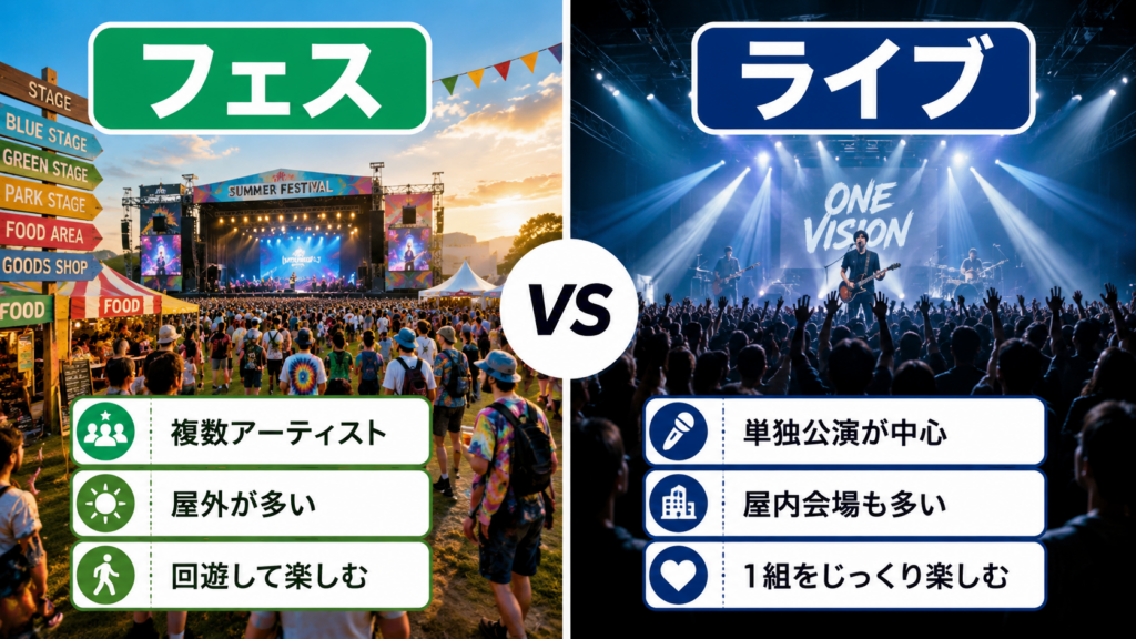 フェスとライブの違いを左側の野外フェス会場と右側のライブ会場で比較したイメージ画像