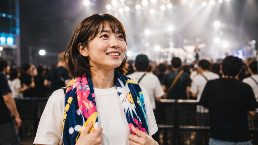 首にカラフルなライブタオルをかけて会場で笑顔を見せる女性参加者