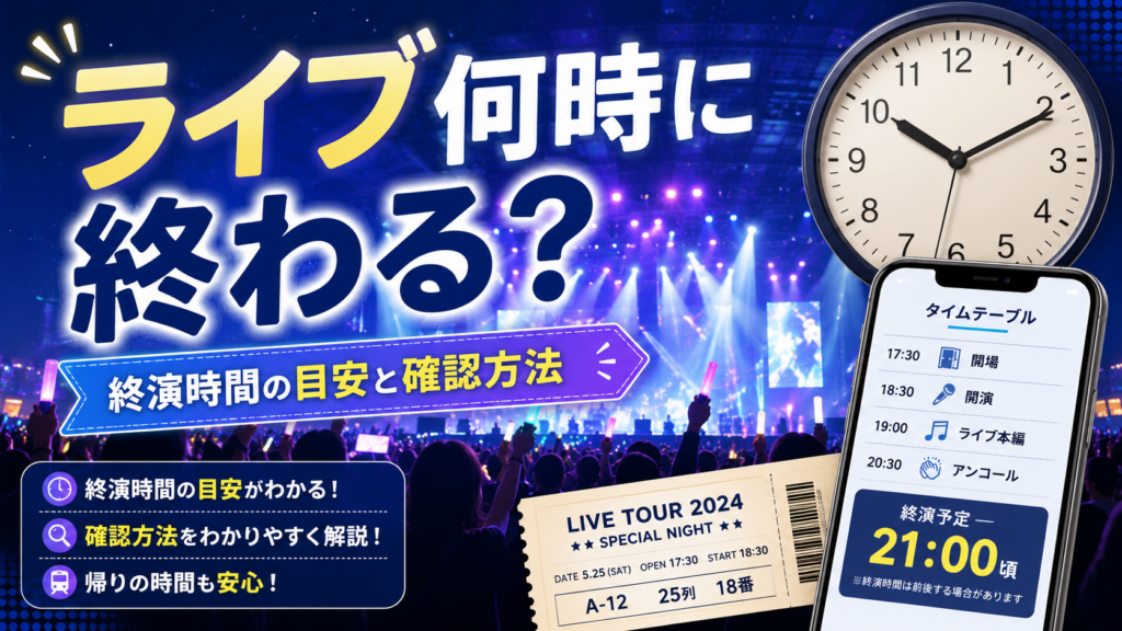 ライブ何時に終わるかを時計・チケット・スマホの時刻表で確認するアイキャッチ画像