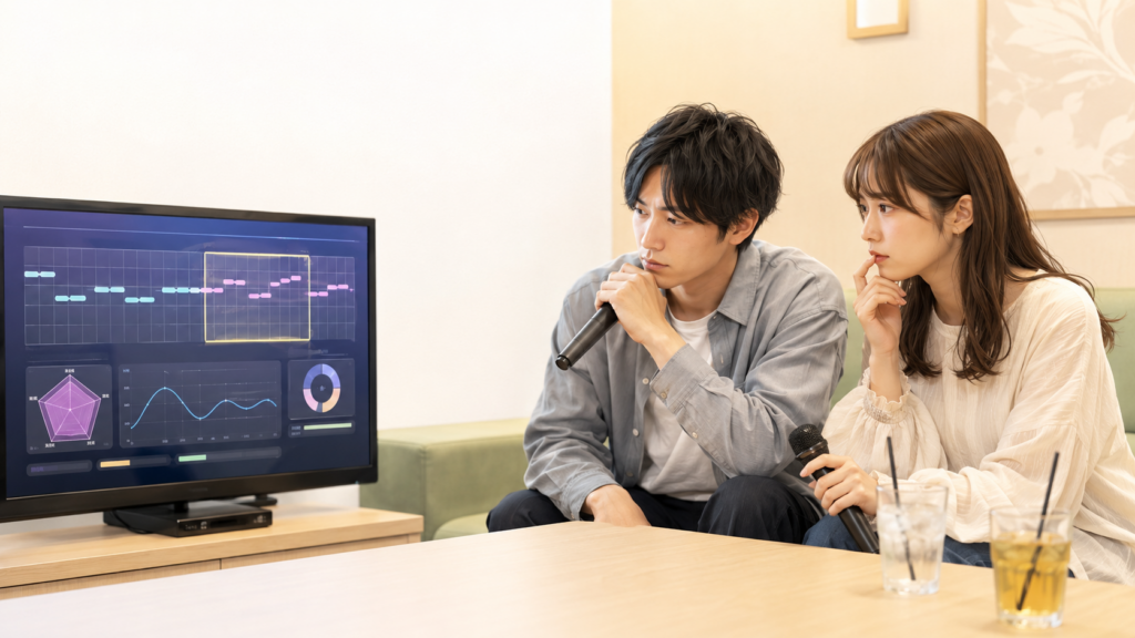 カラオケ採点画面を見ながらこぶしが多い原因と改善方法を考える男女