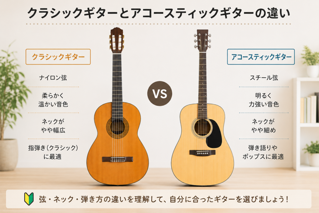 クラシックギターとアコースティックギターの弦・音色・ネック幅・弾き方の違いを初心者向けに比較した解説画像