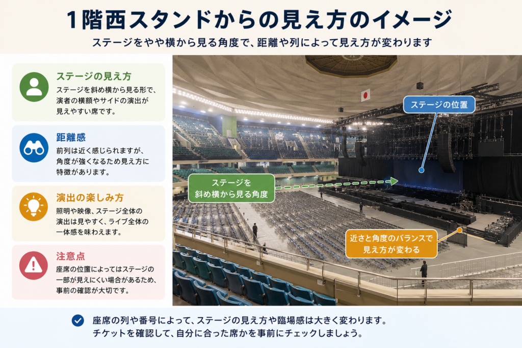 武道館の1階西スタンドから見たステージの位置や距離、座席ごとの見え方を示した解説画像