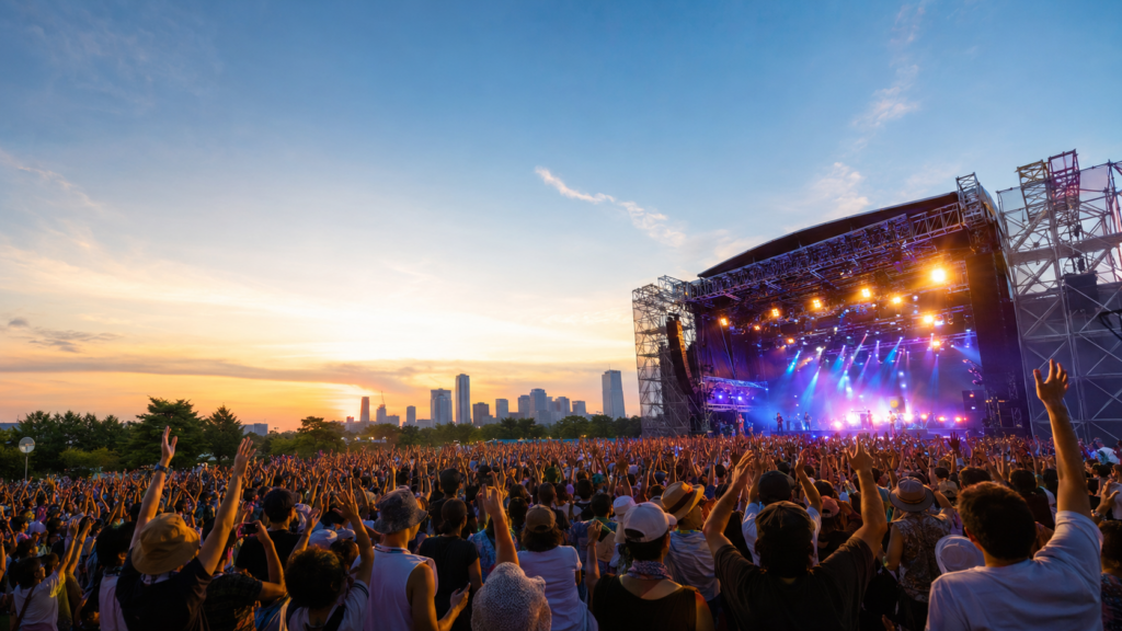 東京と大阪の会場をイメージしたSUMMER SONIC 2026の大型ステージと観客の風景
