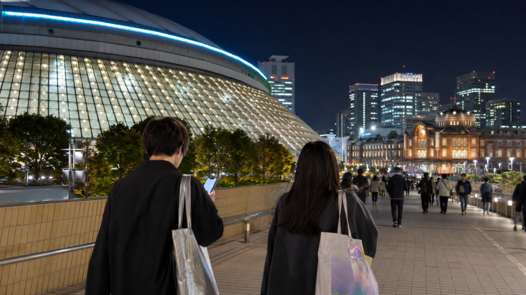 東京ドームから東京駅へライブ後に移動する人のイメージ
