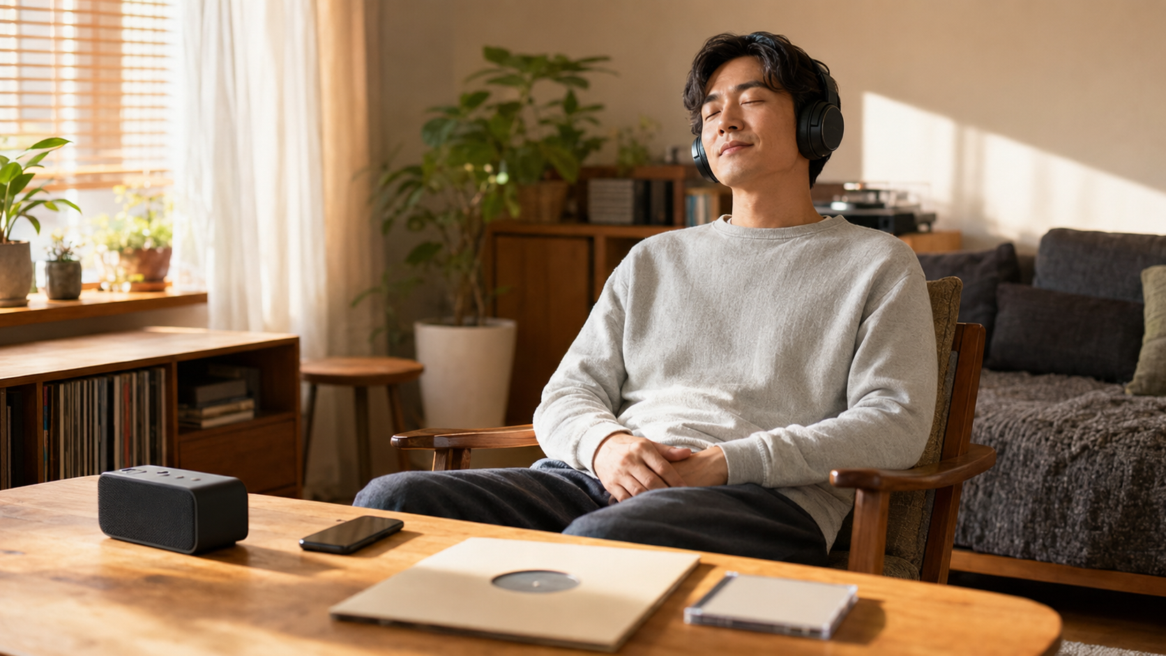 ヘッドホンで音楽を聴きながら穏やかに微笑む、本当に音楽が好きな人のイメージ