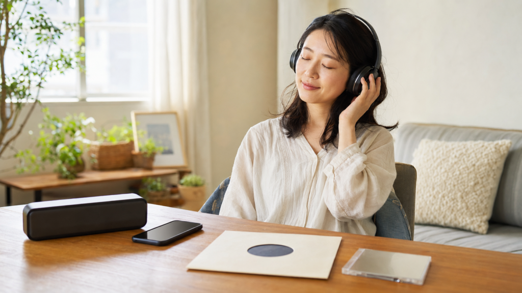 ヘッドホンで好きな音楽を聴き、穏やかな表情を浮かべる音楽好きな女性