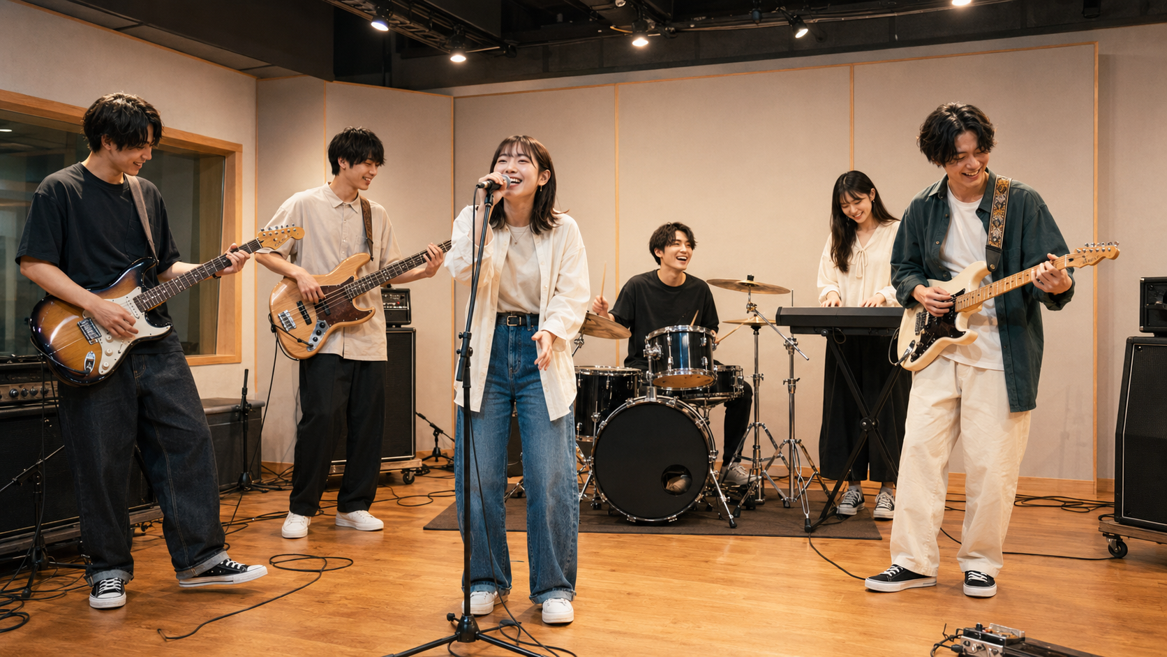 バンド6人編成でリハーサルスタジオ演奏を楽しむメンバー