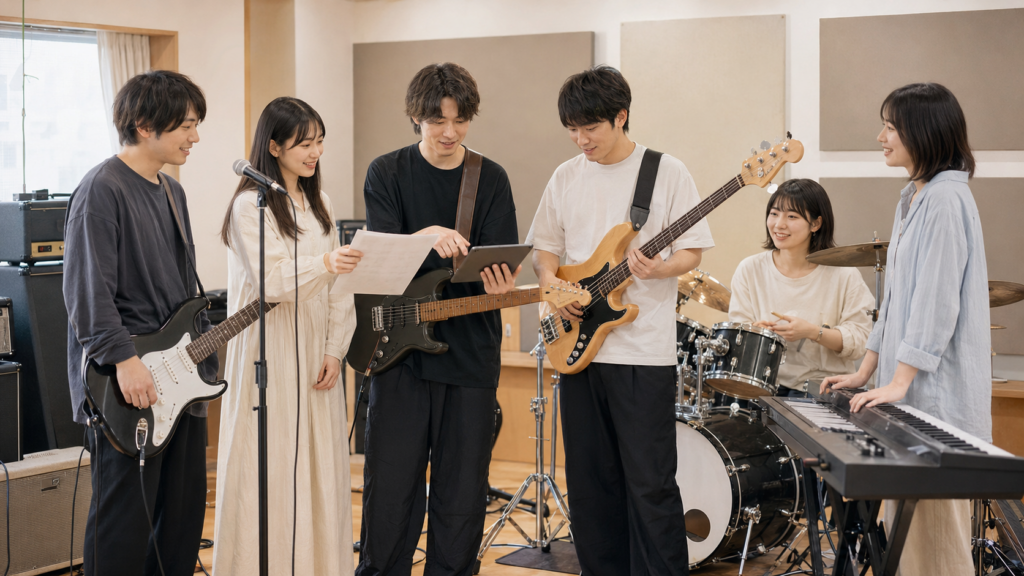 演奏前に打ち合わせをする6人編成のバンドメンバー