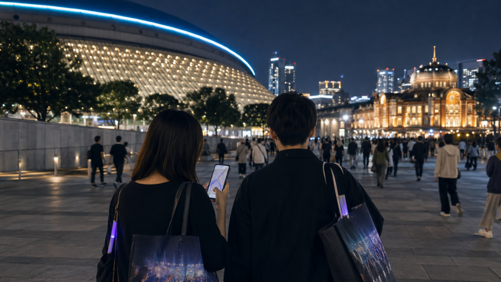東京ドームのライブ後にスマートフォンで東京駅への移動ルートを確認する観客

