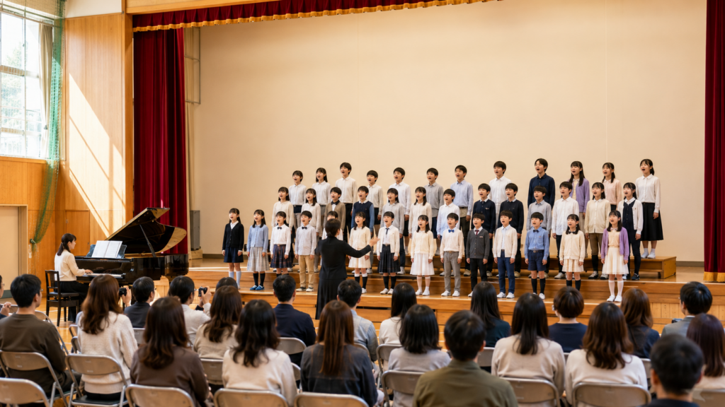音楽会スローガンをテーマにステージで合唱する子どもたち